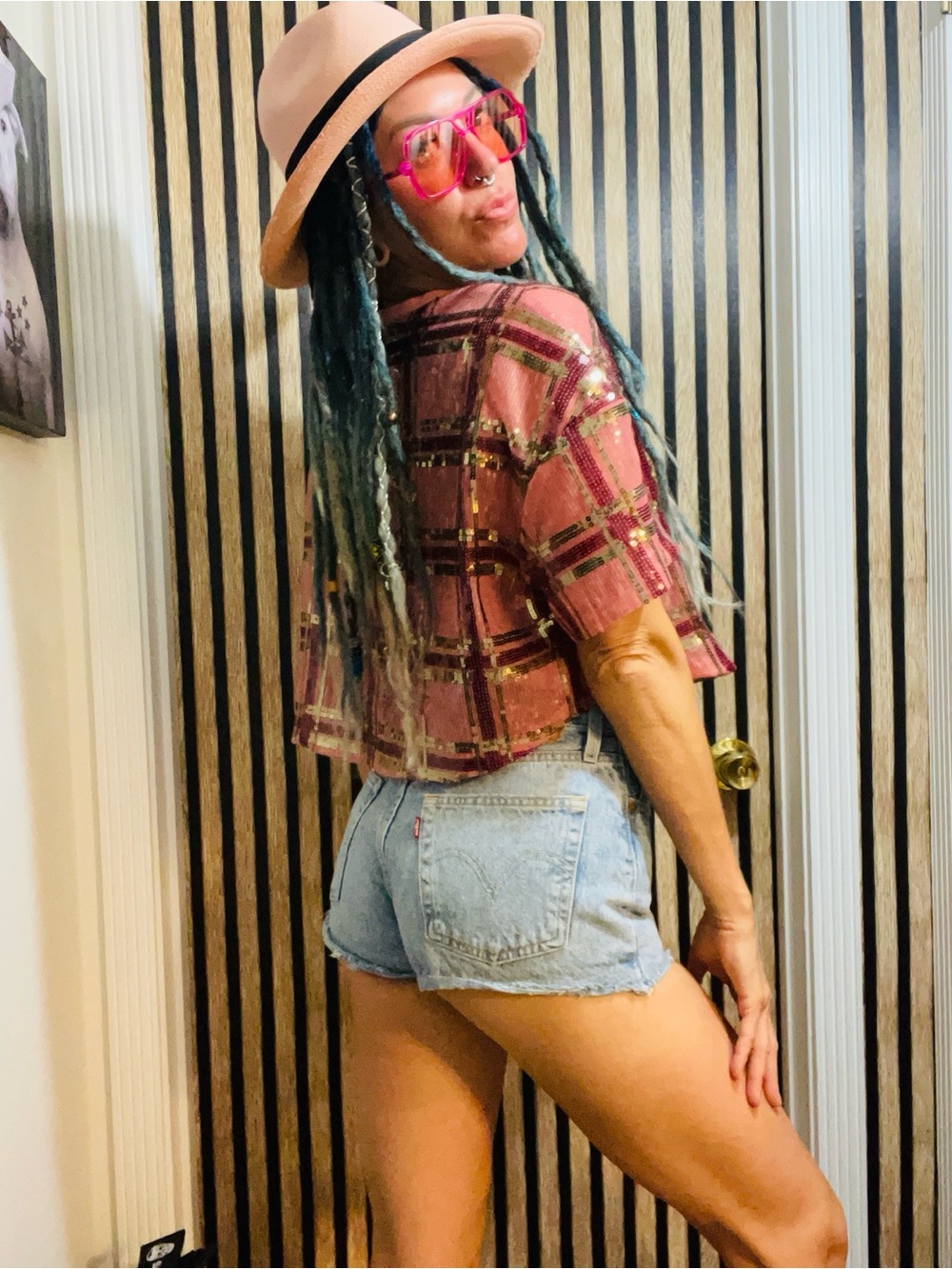 Free People Pink Plaid Sequin Cropped Top